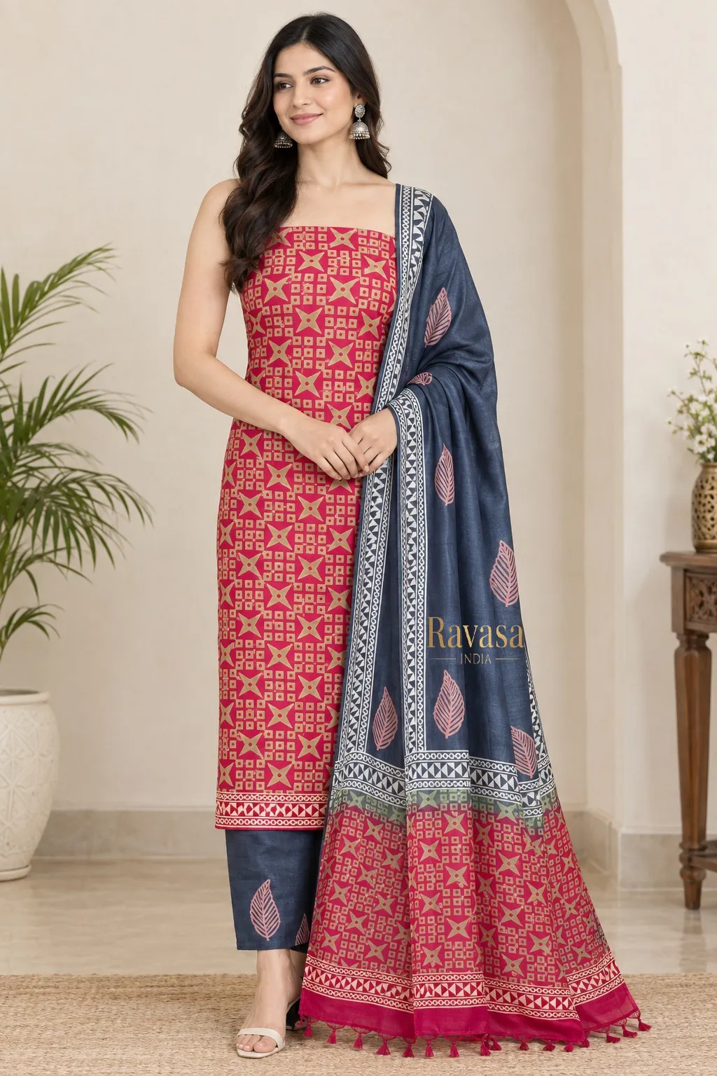 Vibrant Magenta Pink unstitched Kataan Silk suit