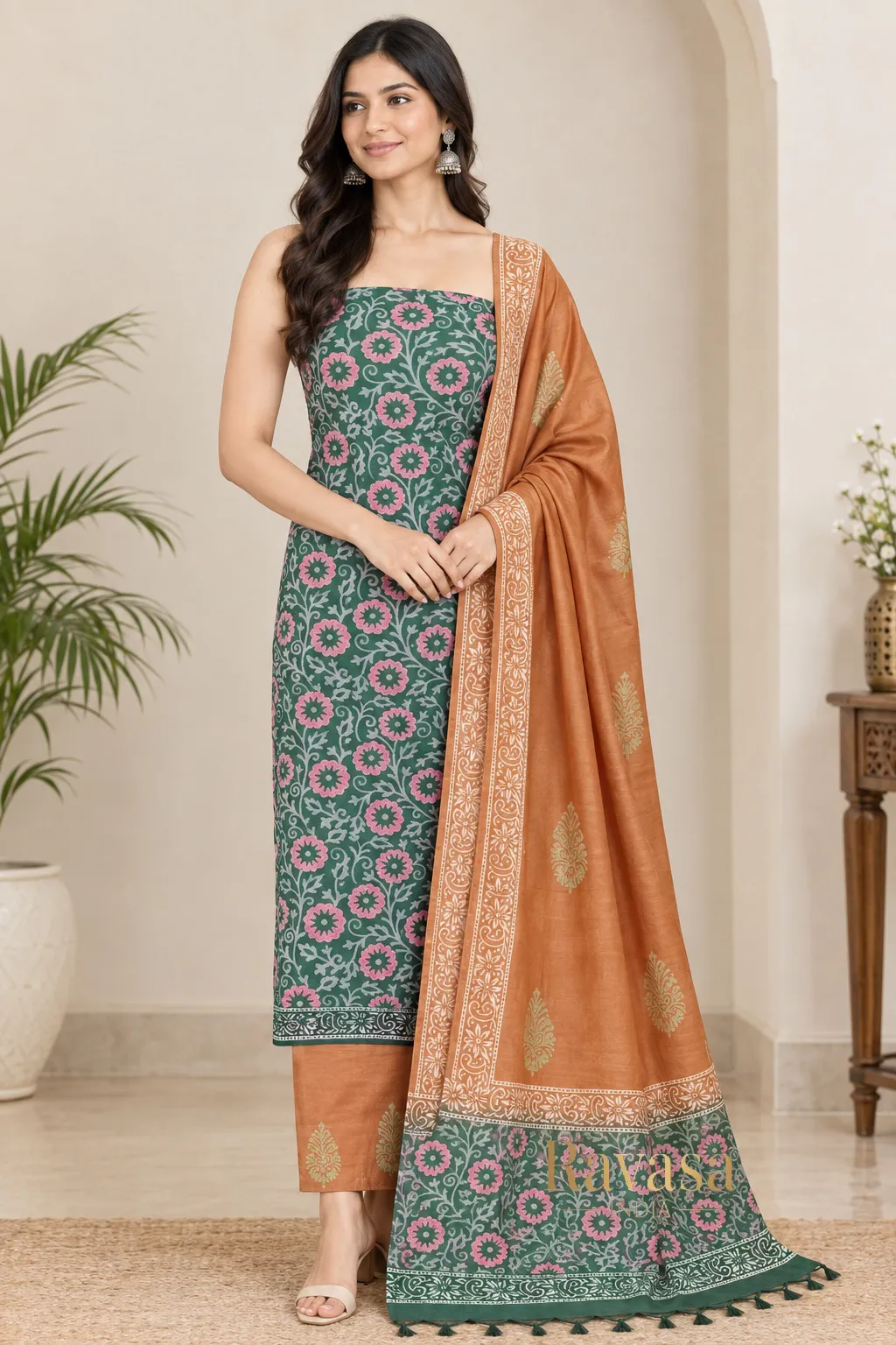 Elegant Green & Rust Orange Printed Katan Silk Unstitched Suit Set with Dupatta