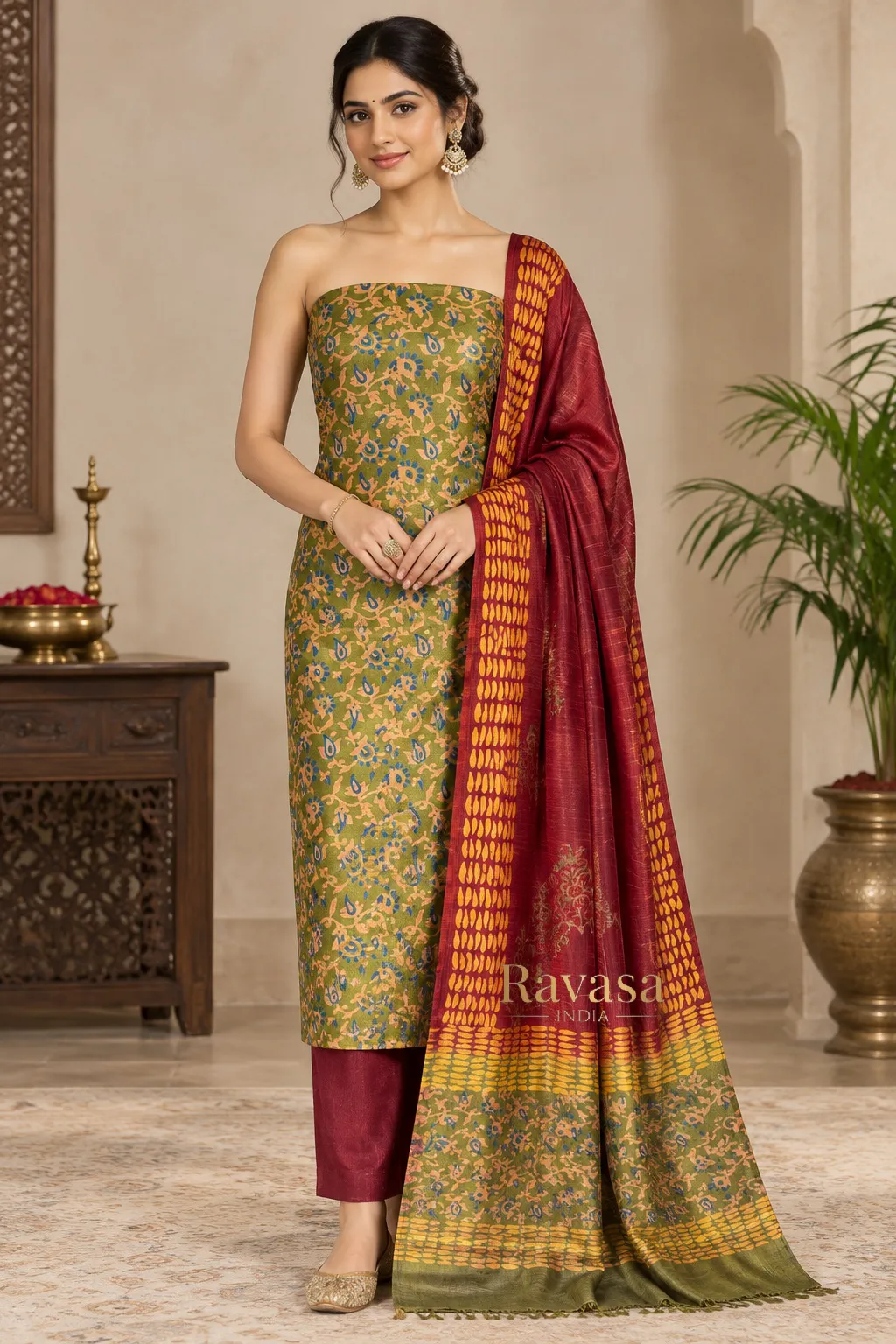 Olive Green Printed Kataan Silk Suit Set with Maroon Dupatta