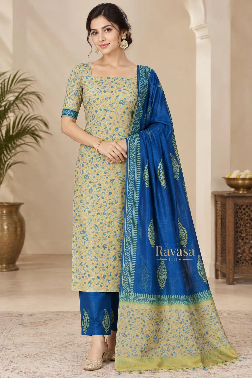 Pale Yellow & Royal Blue Printed Katan Silk Unstitched Suit Set with Dupatta