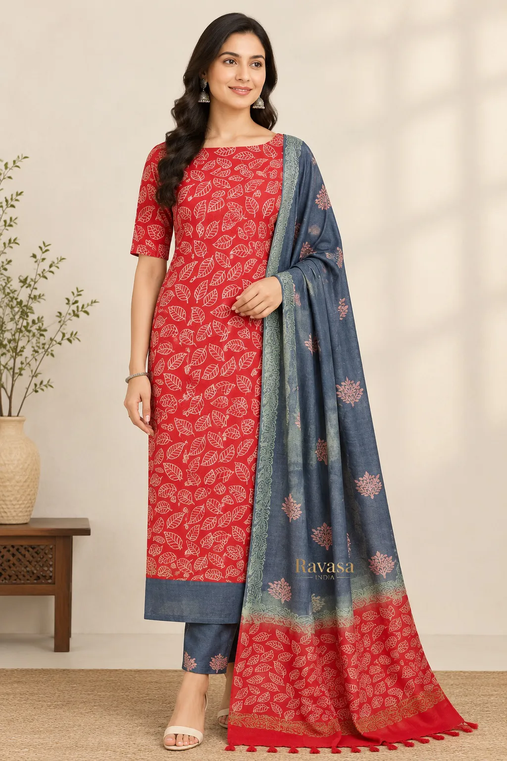 Red & Slate Blue Printed Katan Silk Unstitched Suit Set with Dupatta