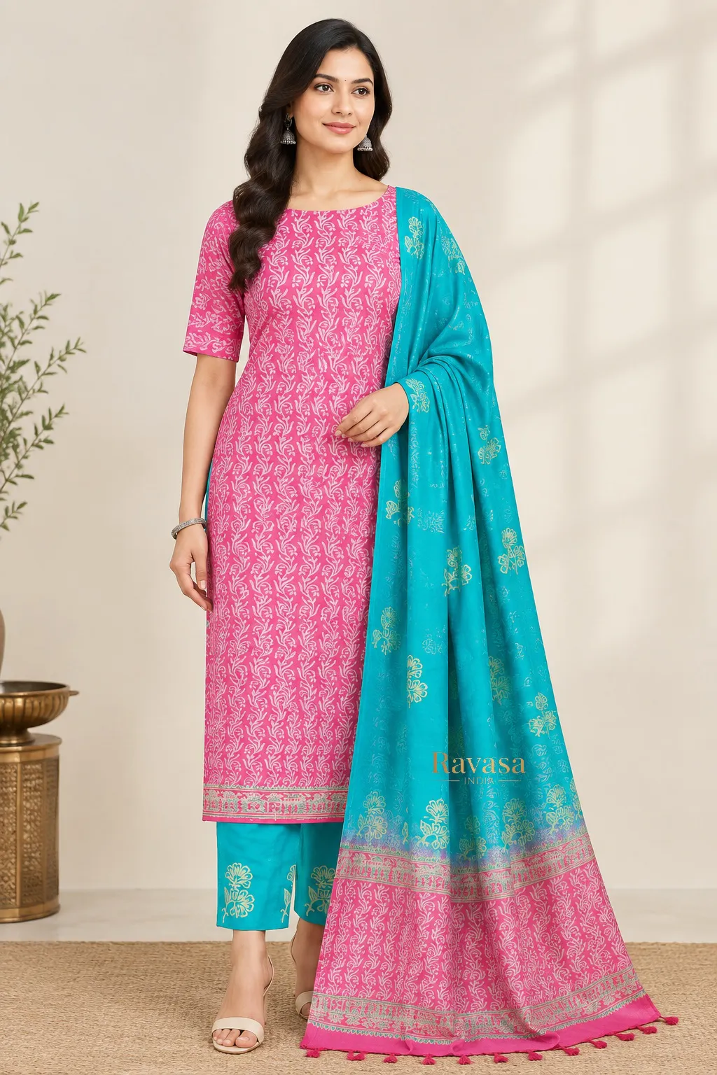 Radiant Pink & Turquoise Printed Katan Silk Unstitched Suit Set with Dupatta